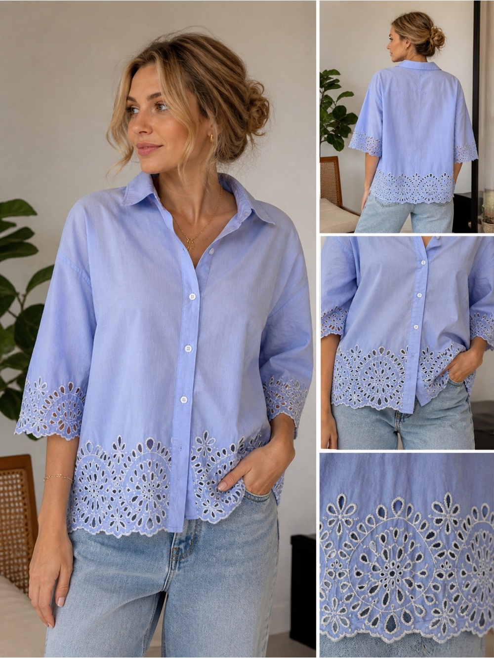 Zara Light Blue Men’s Button-Down Shirt with Eyelet Cutwork